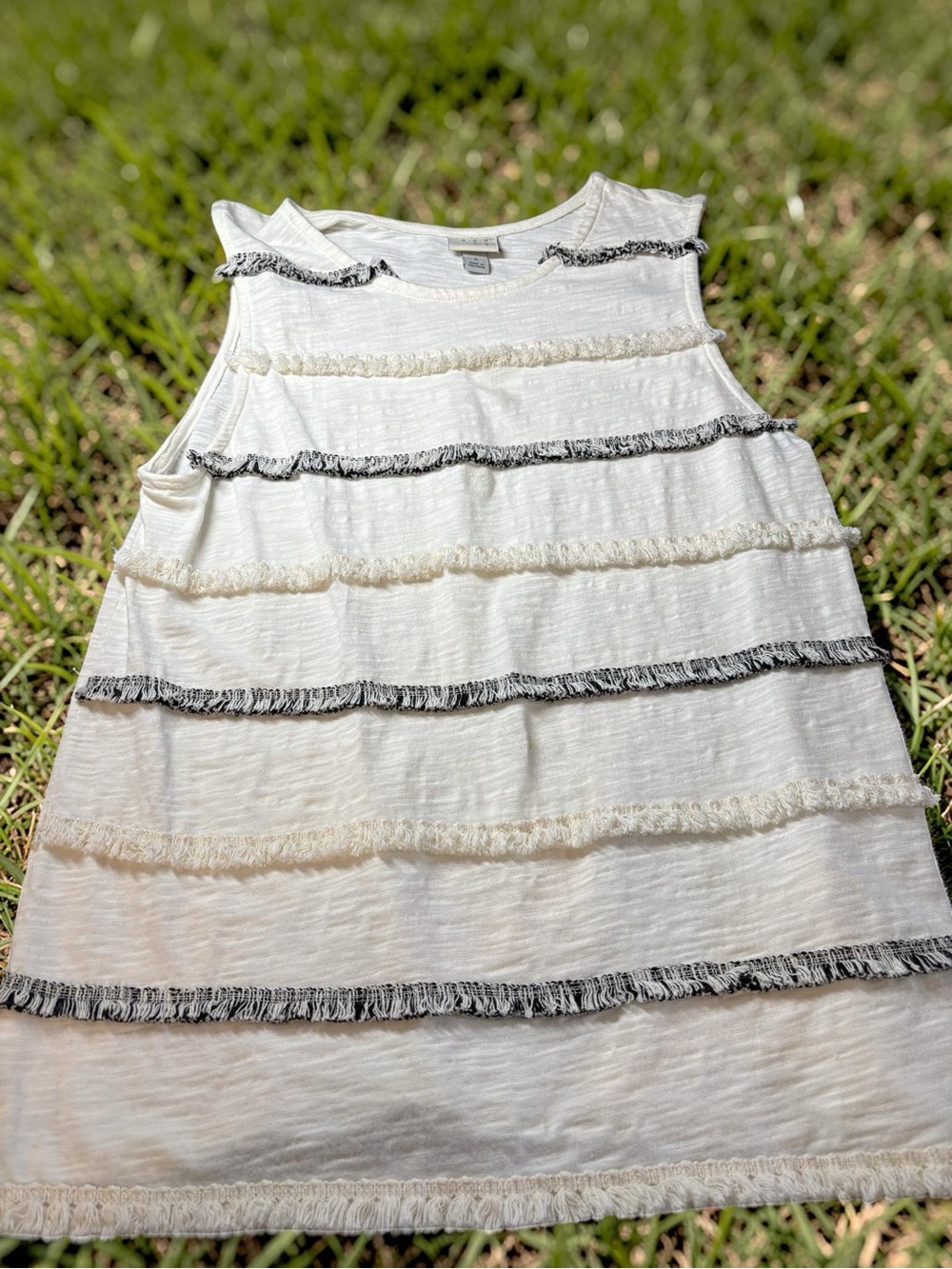 a new day White Tank Top with Black and Cream Fringe Stripes
